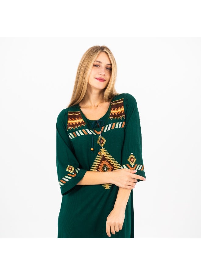 زيكوتكس  فستان ماكسي قطني مطرز باللون الأخضر الزمردي التقليدي - Image 3